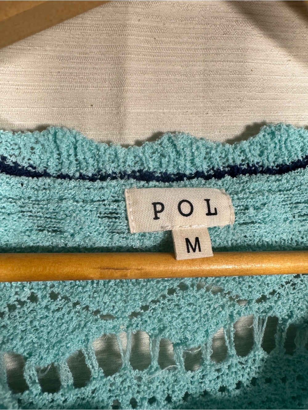 POL Women’s Medium Aqua Open Knit Striped Boho Sweater - Picture 4 of 8